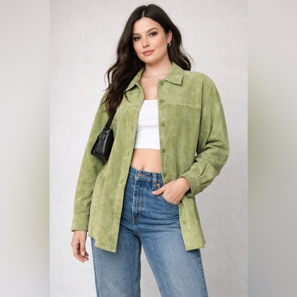 Vintage Tops - Vintage Y2K Green Suede Leather Button Down Shirt